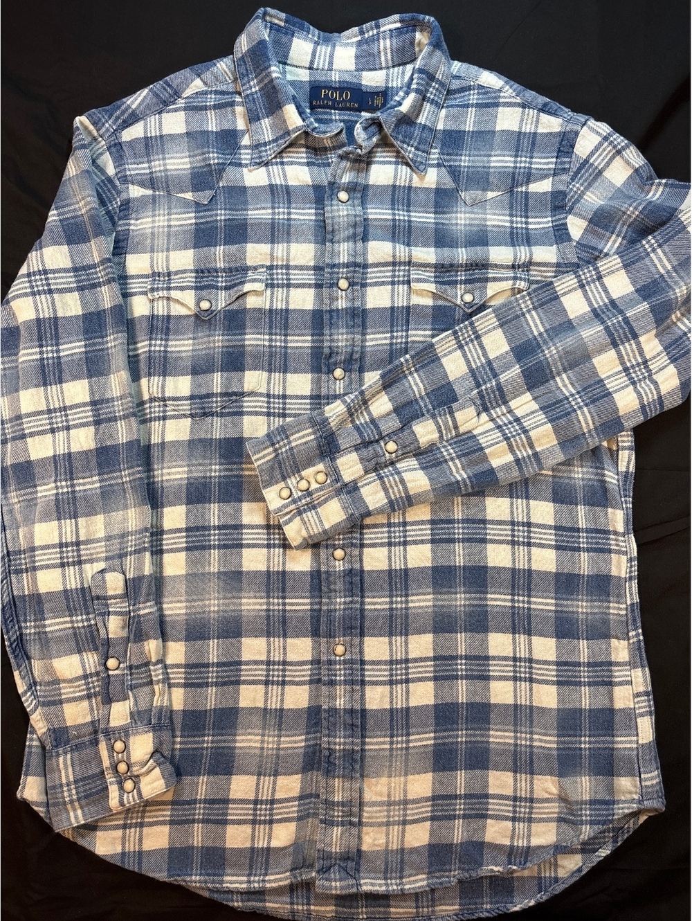 Polo Ralph Lauren Western Flannel Shirt L Blue Plaid Pearl Snap 100% Cotton